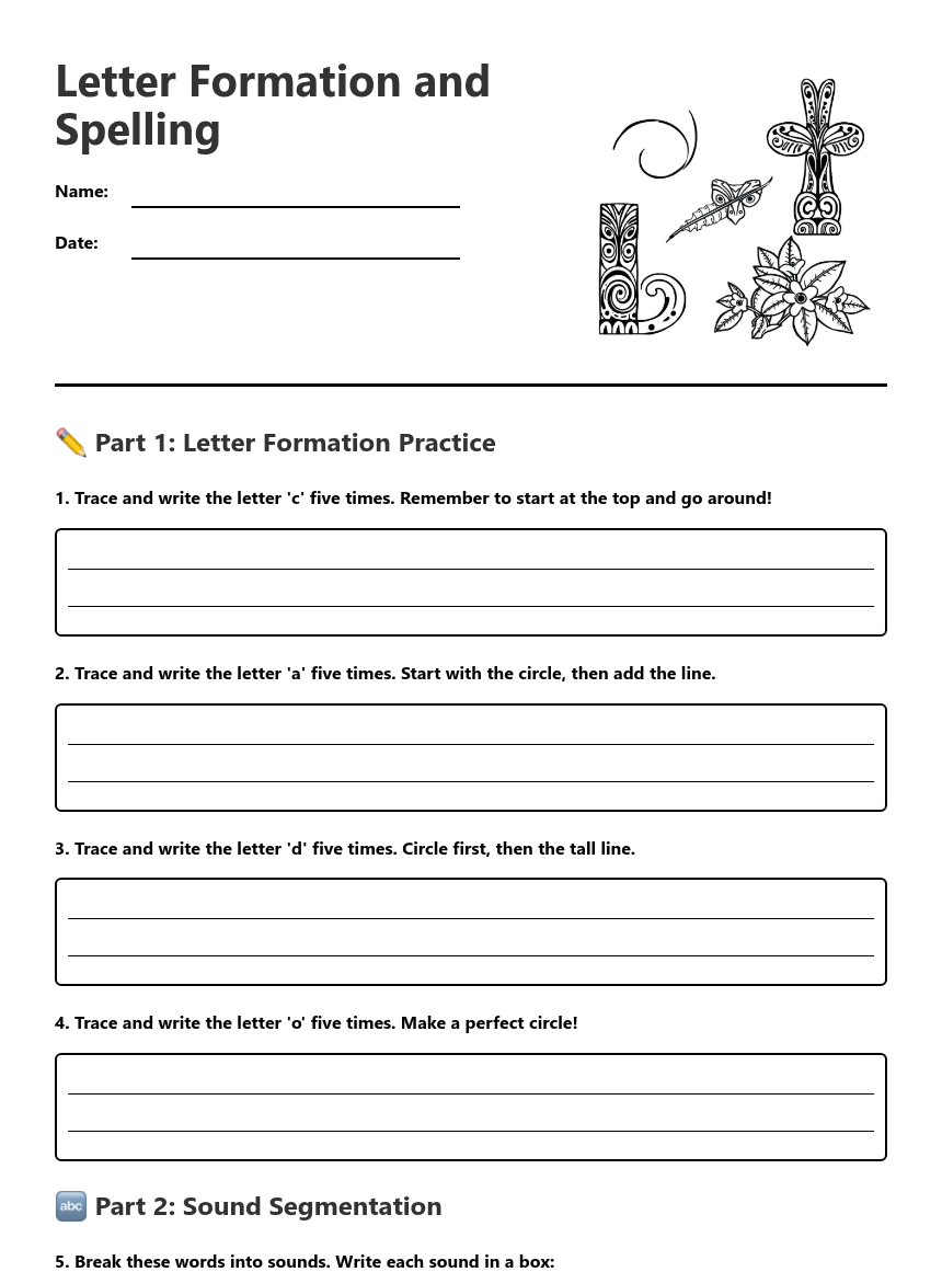 Letter Formation and Spelling — Free Printable Worksheet for English ...