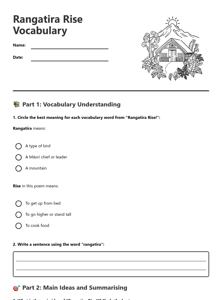 Worksheet For Rise Rangatira Rise Vocabulary — Free Printable Worksheet for English | Kuraplan
