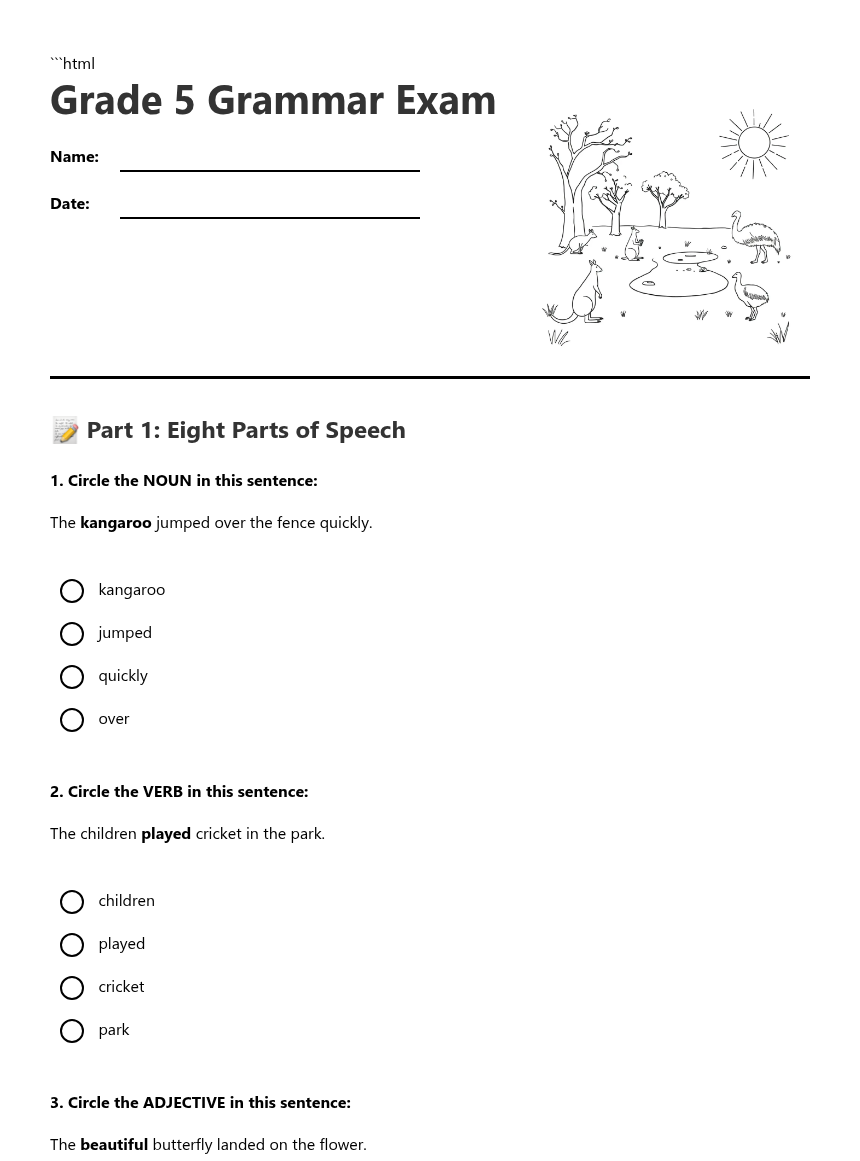 Grade 5 Grammar Exam — Free Printable Worksheet for English | Kuraplan