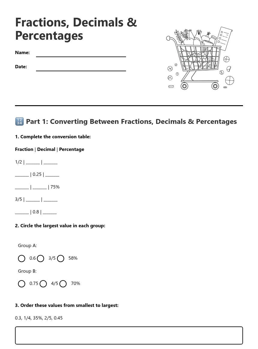 Fractions, Decimals & Percentages — Free Printable Worksheet for Maths ...