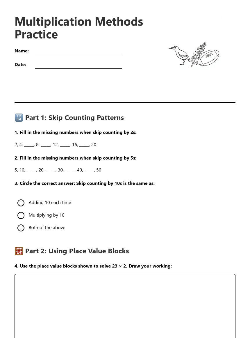 Multiplication Method Worksheet Multiplication Methods Practice — Free Printable Worksheet for Maths ...