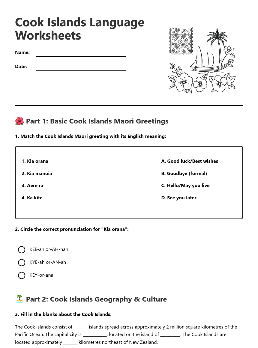 Cook Islands Language Worksheets — Free Printable Worksheet for ...