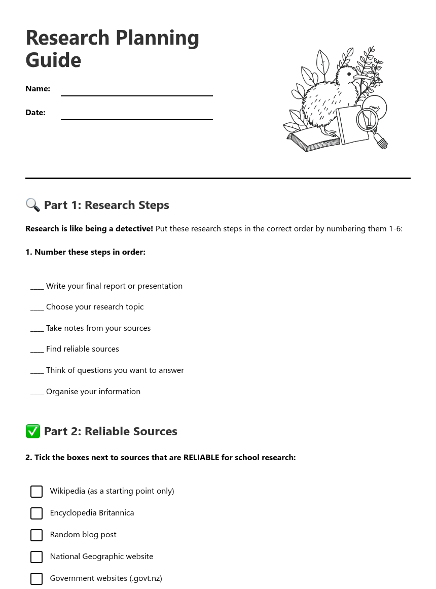 Research Planning Guide — Free Printable Worksheet for English | Kuraplan