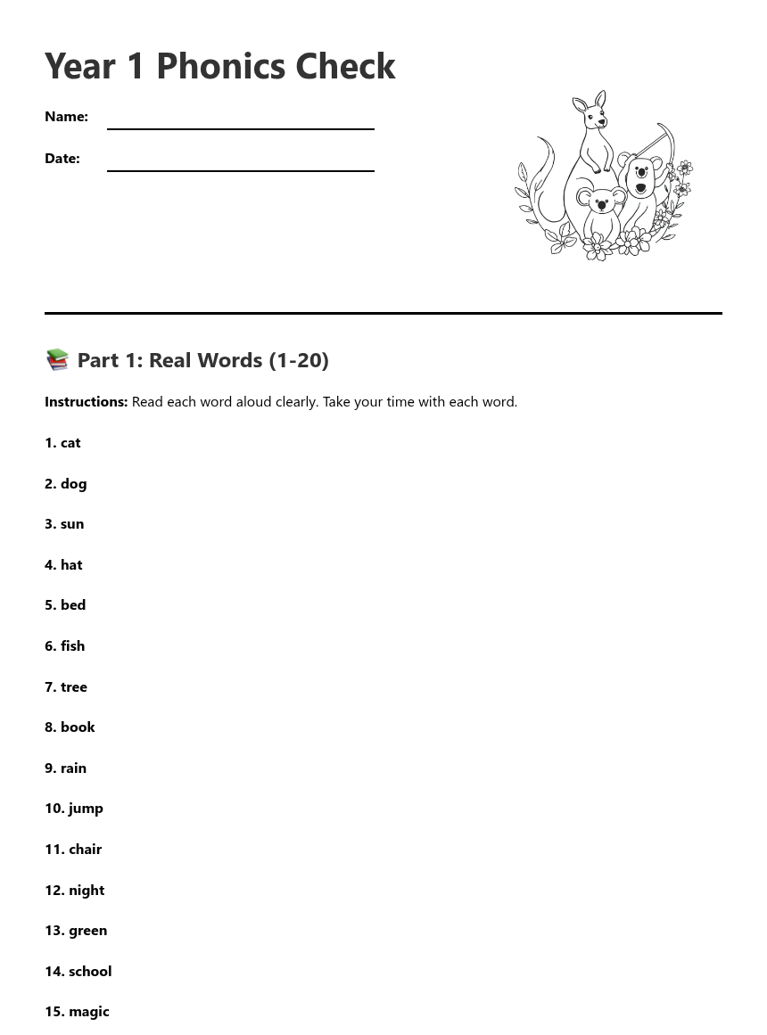 Year 1 Phonics Check — Free Printable Worksheet for English | Kuraplan