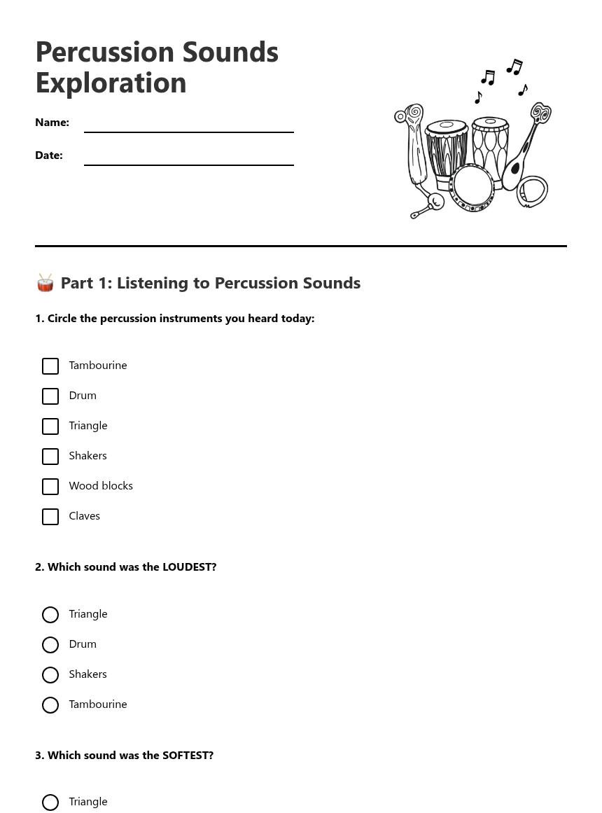 Percussion Sounds Exploration — Free Printable Worksheet for Music ...