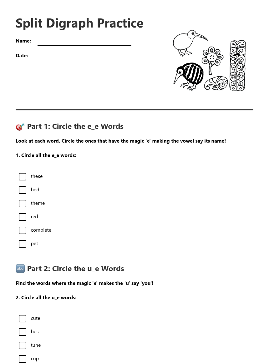 Split Digraph Practice — Free Printable Worksheet for English | Kuraplan