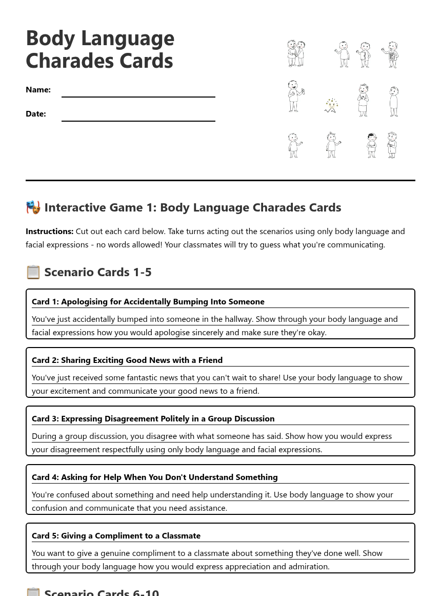 Body Language Charades Cards — Free Printable Worksheet for Drama ...