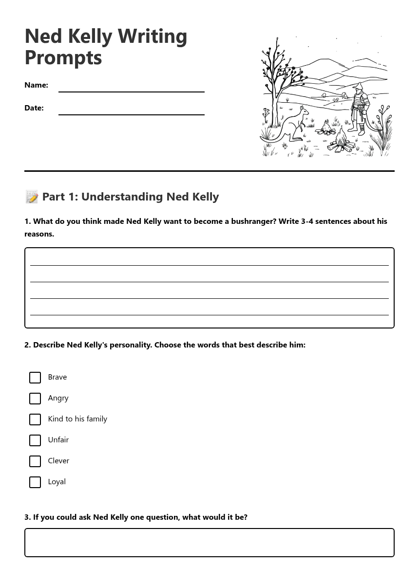 Ned Kelly Writing Prompts — Free Printable Worksheet for English | Kuraplan