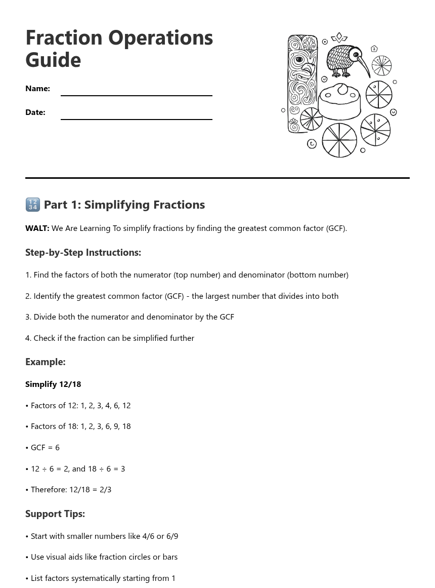 Fractions Operations Worksheet.pdf Fraction Operations Guide — Free Printable Worksheet for Maths | Kuraplan