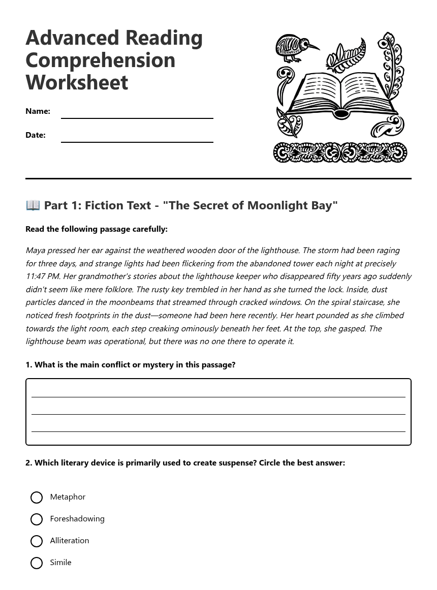 Advanced Reading Comprehension Worksheet — Free Printable Worksheet for ...