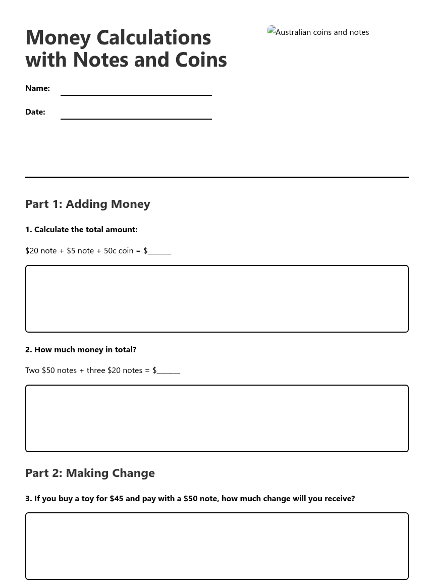 Money Notes Maths Money Calculations with Notes — Free Printable Worksheet for ...