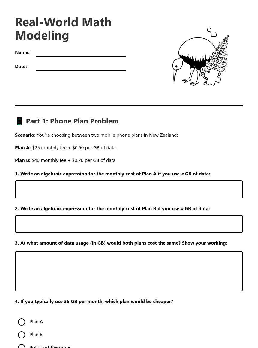 Real-World Math Modeling — Free Printable Worksheet for Maths | Kuraplan