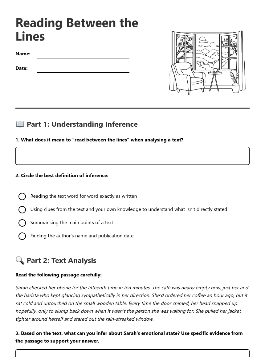Reading Between the Lines — Free Printable Worksheet for English | Kuraplan