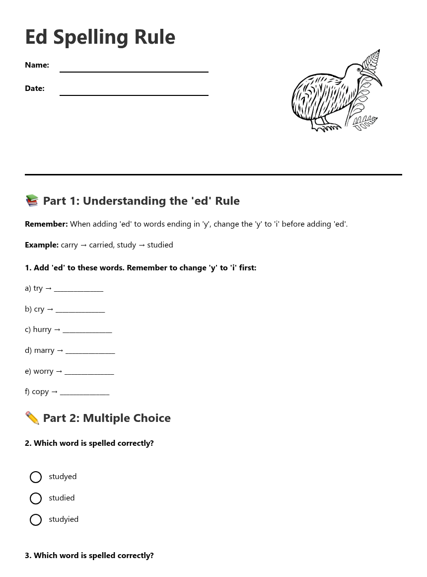 Ed Spelling Rule — Free Printable Worksheet for English | Kuraplan