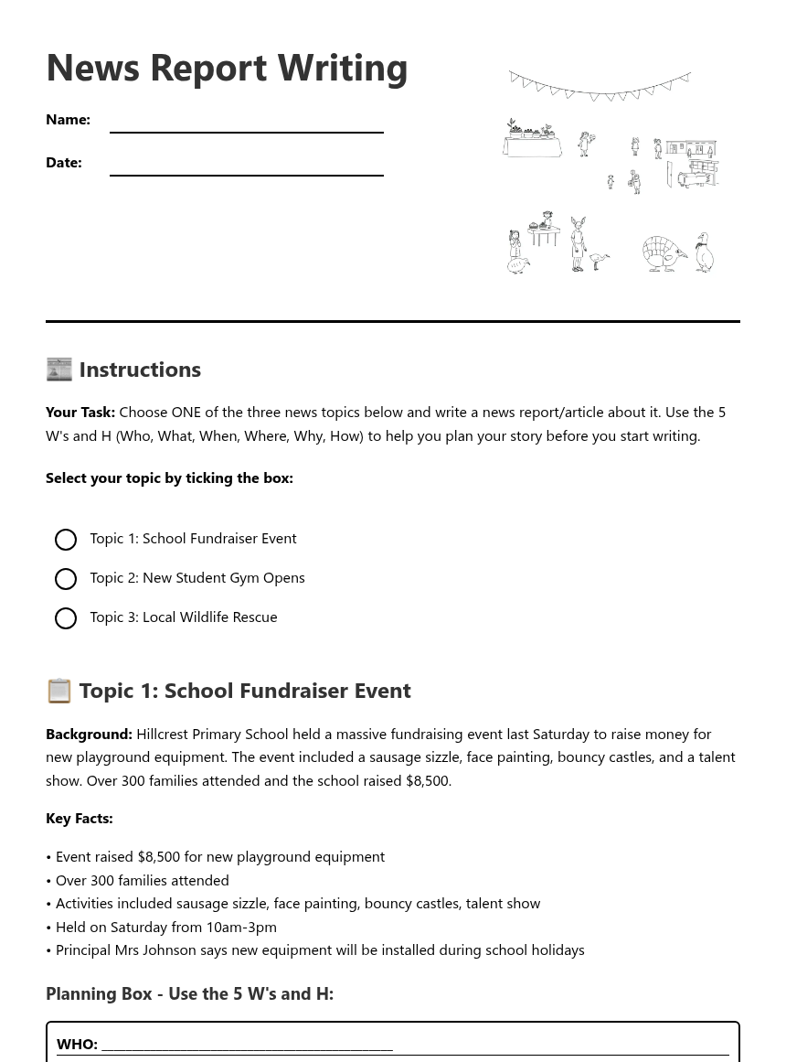 Reporter Worksheet Printable News Report Writing — Free Printable Worksheet for English | Kuraplan