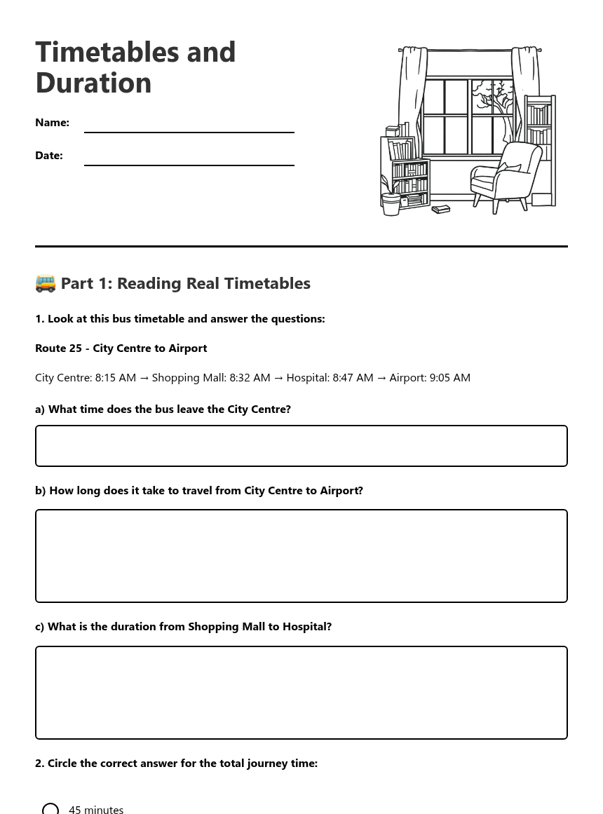 Simple Timetable Questions Worksheet Timetables and Duration — Free Printable Worksheet for Maths | Kuraplan
