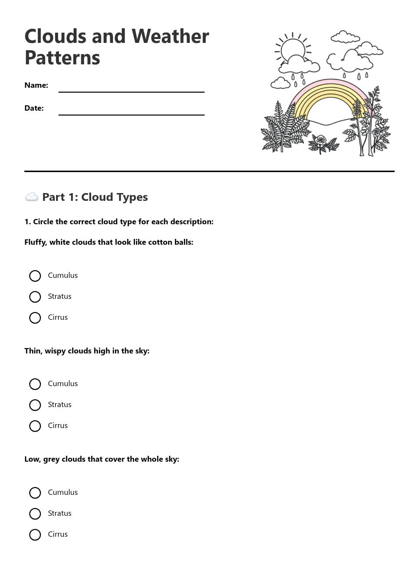 Clouds and Weather Patterns — Free Printable Worksheet for Science ...