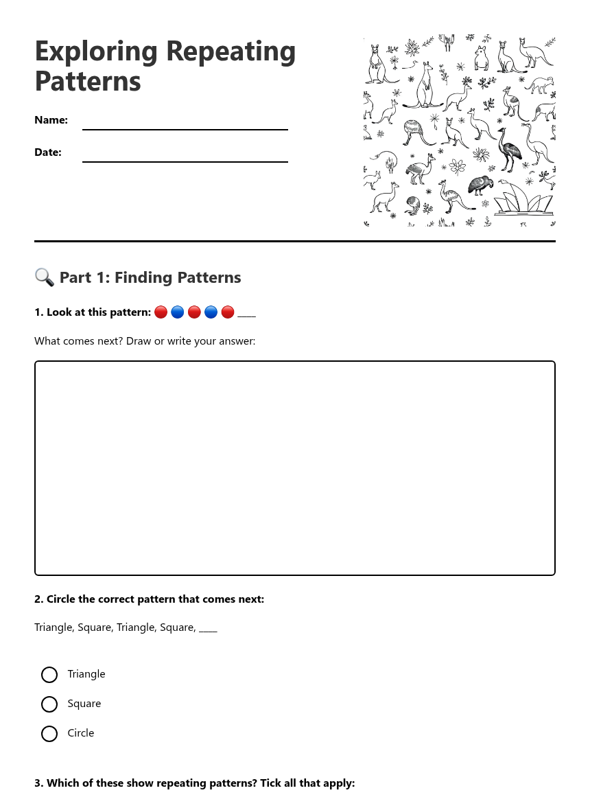 Exploring Repeating Patterns — Free Printable Worksheet for Maths ...