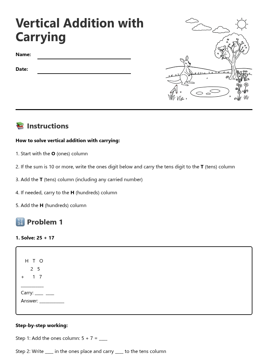 Vertical Addition with Carrying — Free Printable Worksheet for Maths ...
