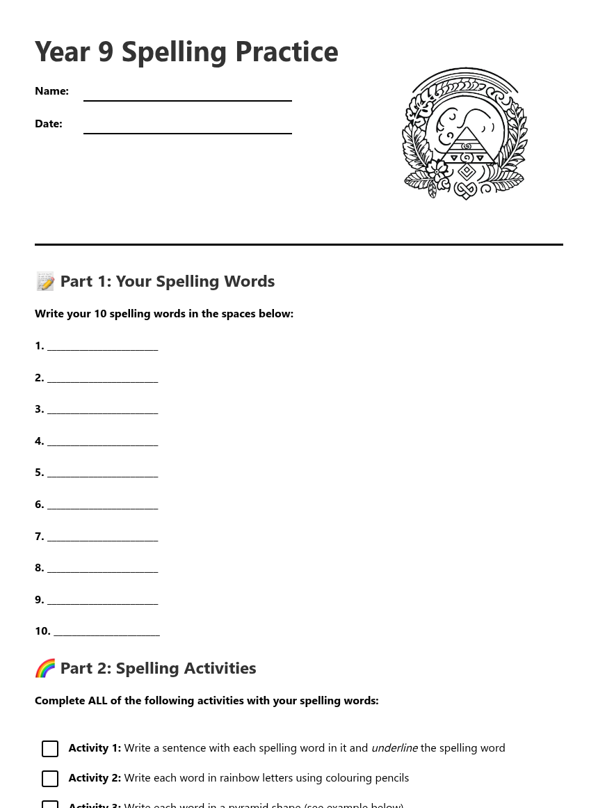 Year 9 Spelling Practice — Free Printable Worksheet for English | Kuraplan