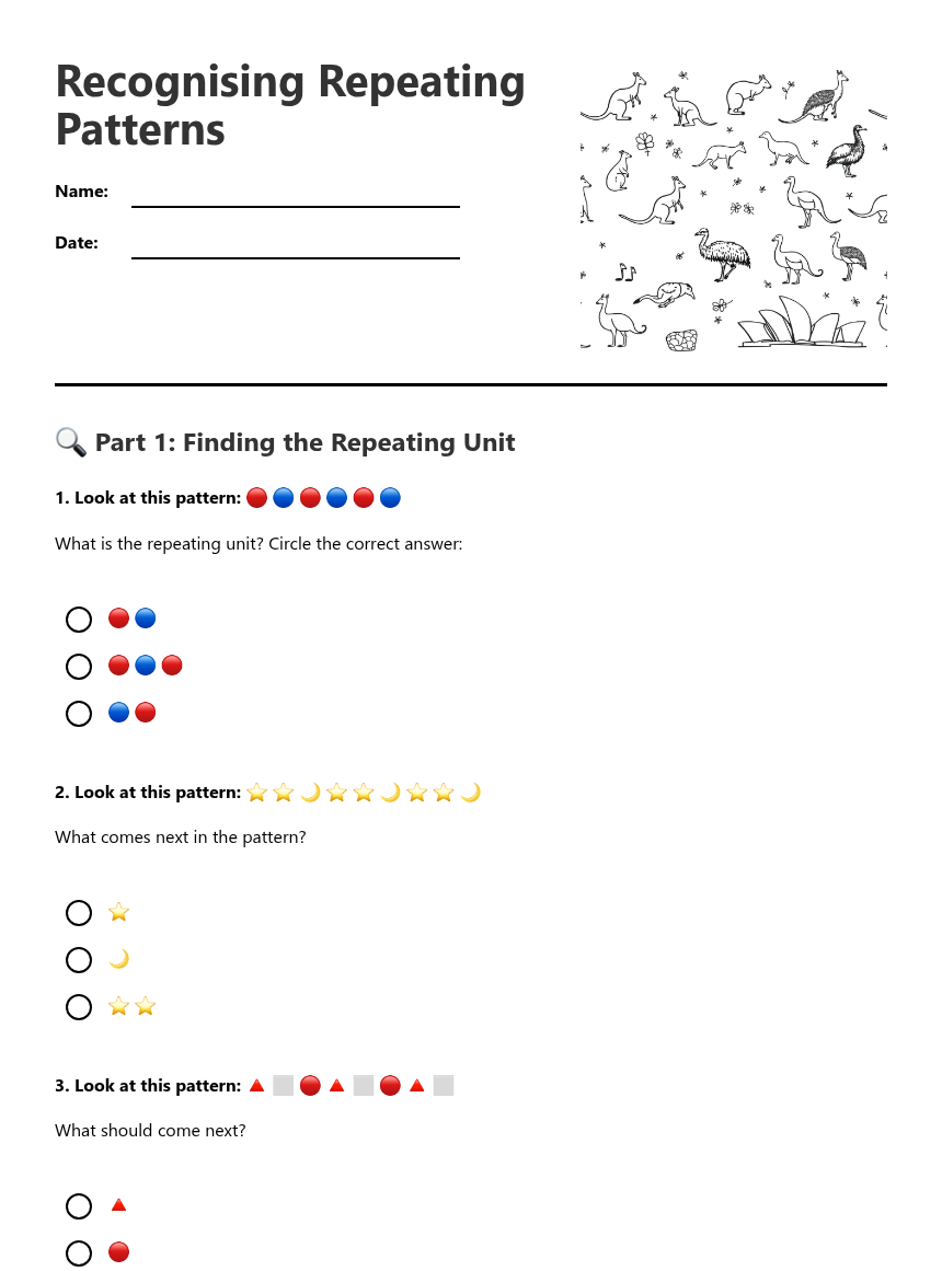 Recognising Repeating Patterns — Free Printable Worksheet for Maths ...
