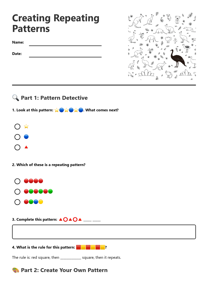 Creating Repeating Patterns — Free Printable Worksheet for Maths | Kuraplan