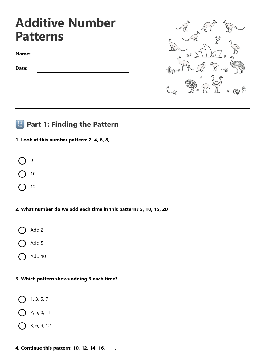 Additive Number Patterns — Free Printable Worksheet for Maths | Kuraplan