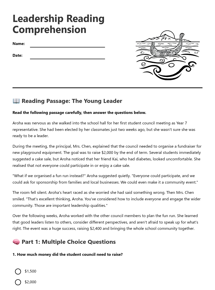 Leadership Reading Comprehension — Free Printable Worksheet for English ...