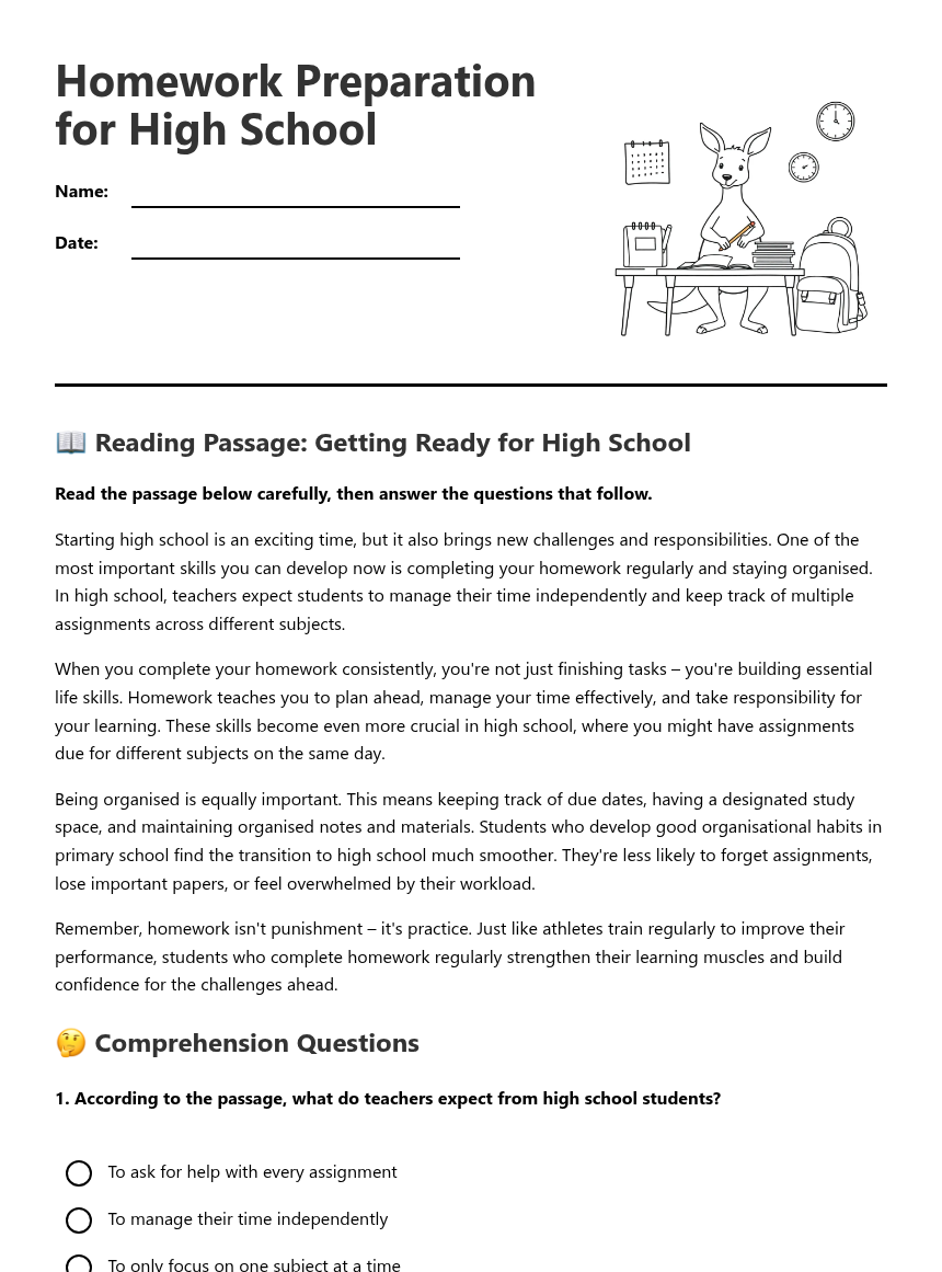 Prep Class Homework Homework Preparation for High School — Free Printable Worksheet for ...