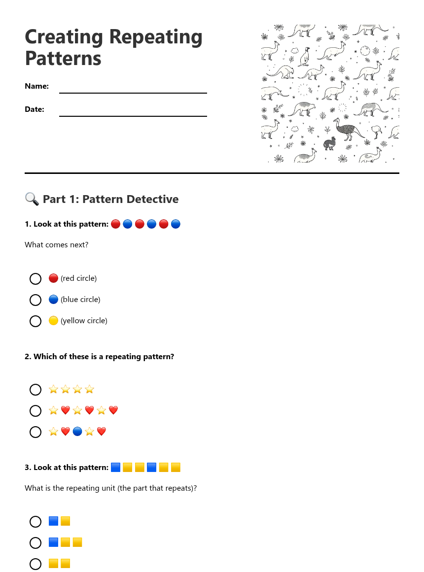 Creating Repeating Patterns — Free Printable Worksheet for Maths | Kuraplan