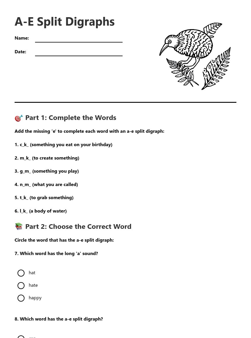 A-E Split Digraphs — Free Printable Worksheet for English | Kuraplan