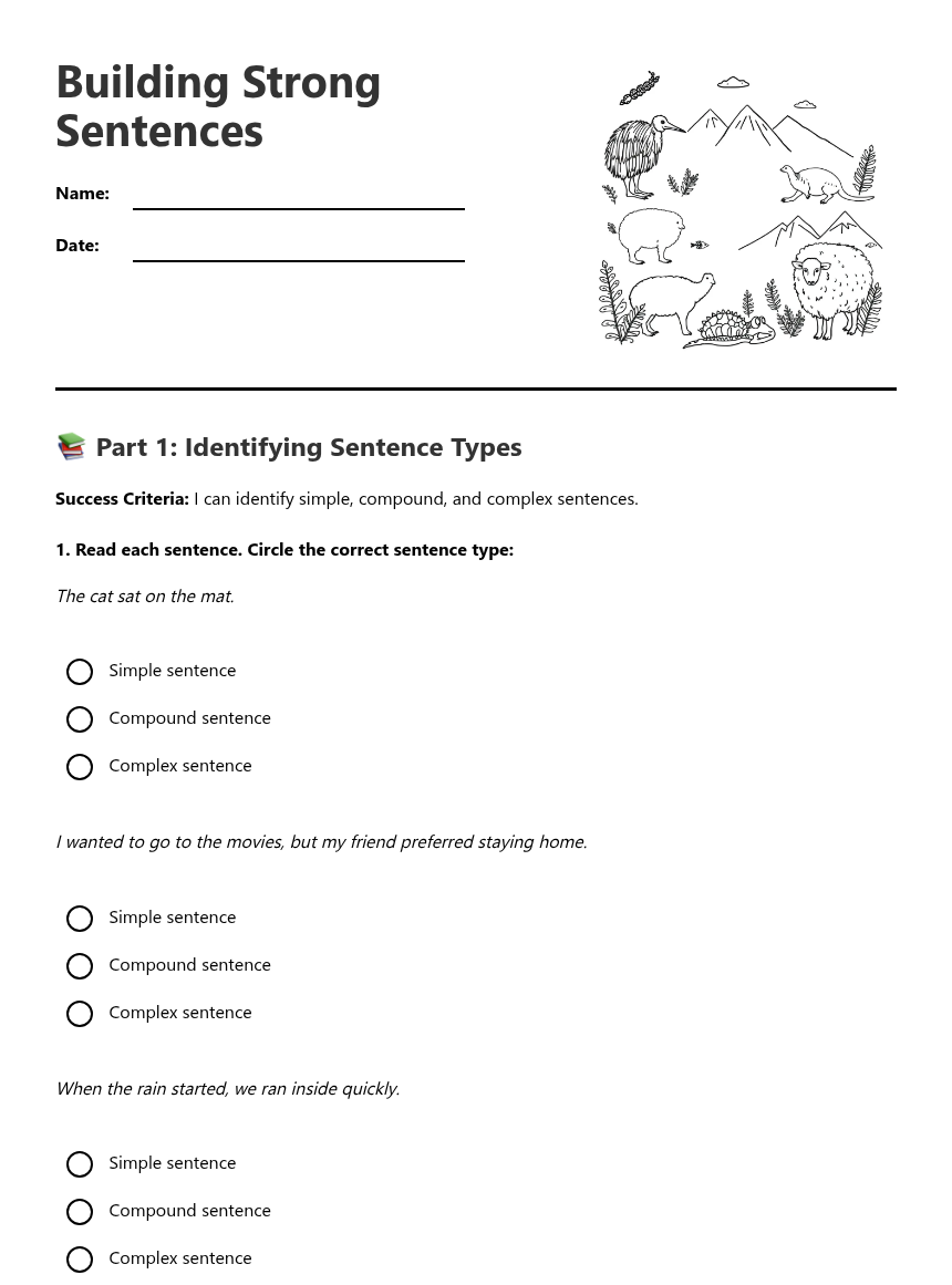 Building Strong Sentences — Free Printable Worksheet for English | Kuraplan