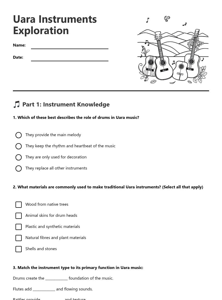 Uara Instruments Exploration — Free Printable Worksheet for Music ...
