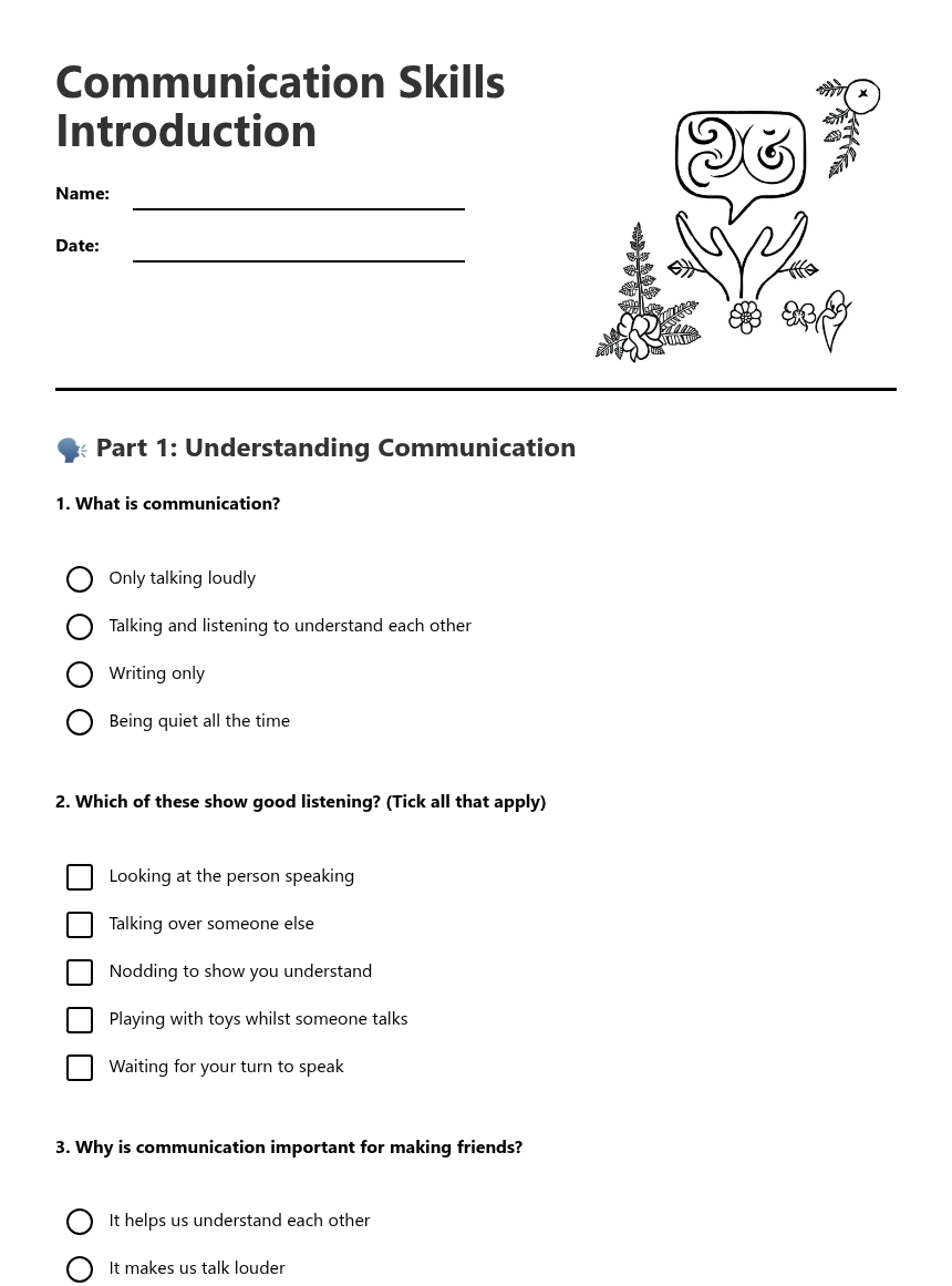 Communication Skills Introduction — Free Printable Worksheet for Health ...