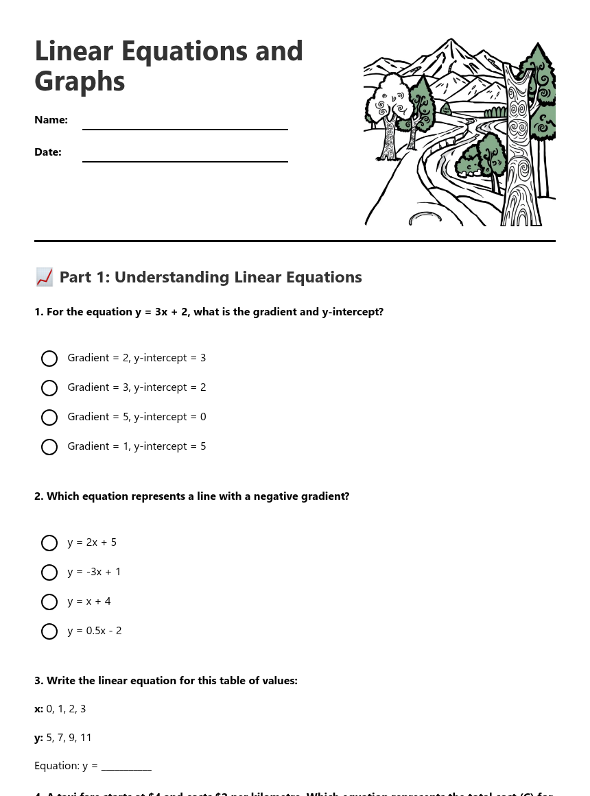 Linear Equations and Graphs — Free Printable Worksheet for Maths | Kuraplan