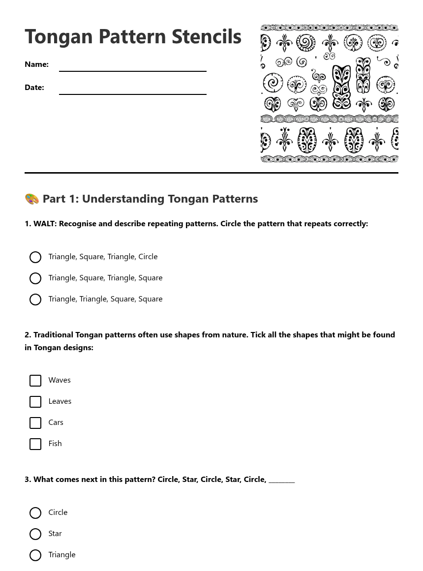 Tongan Pattern Stencils — Free Printable Worksheet for Art | Kuraplan