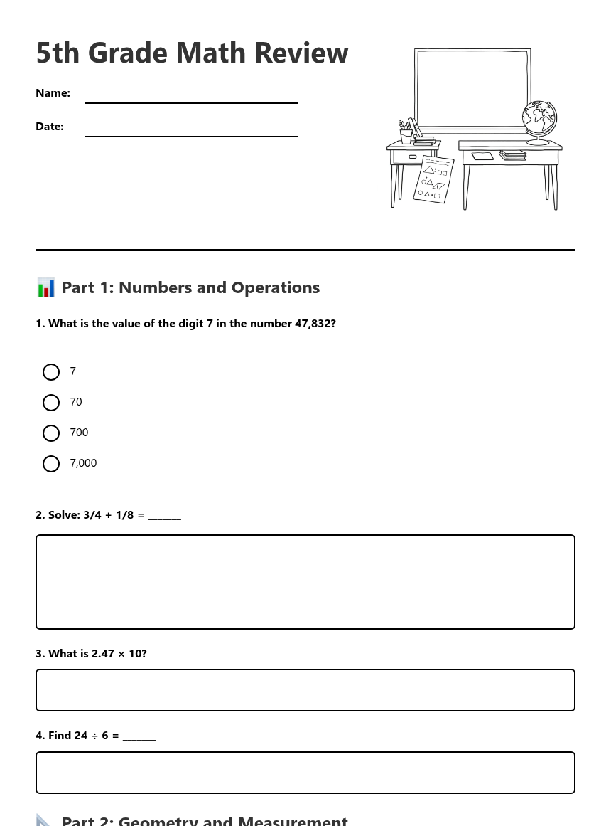 5th Grad Math Shets 5th Grade Math Review — Free Printable Worksheet for Mathematics | Kuraplan