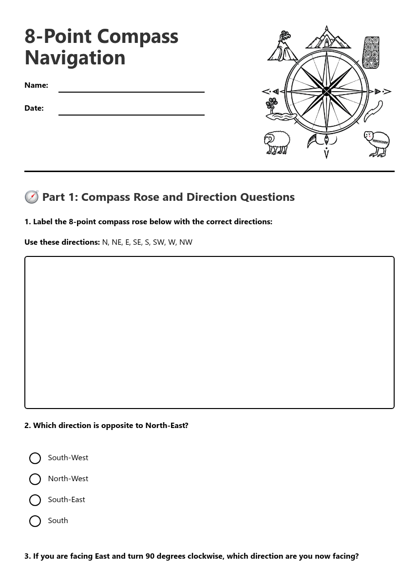8-Point Compass Navigation — Free Printable Worksheet for Social ...
