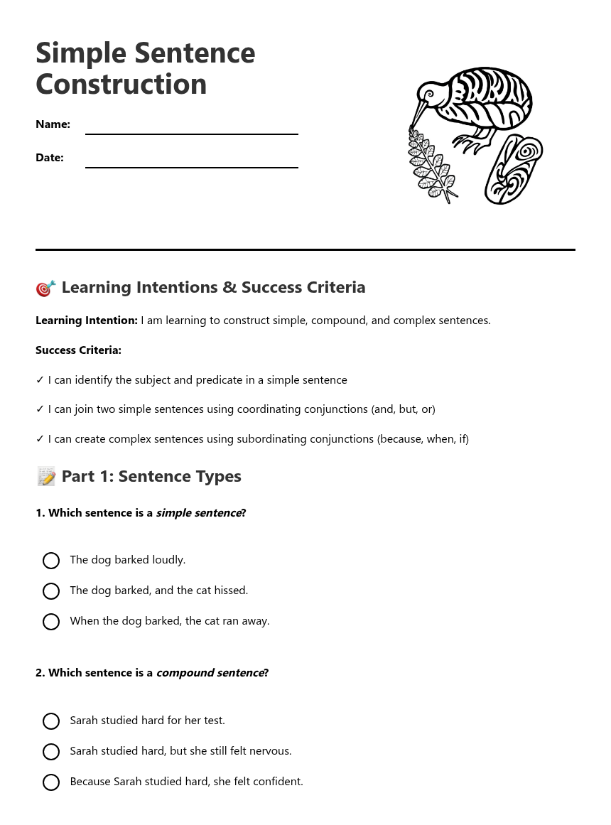 Simple Sentence Construction Grade R Simple Sentence Construction — Free Printable Worksheet for English ...