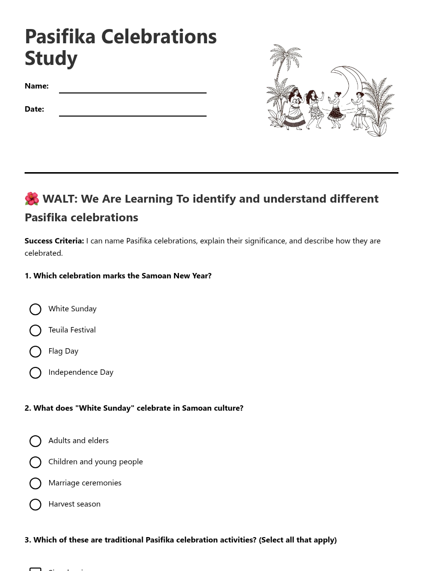 Pasifika Celebrations Study — Free Printable Worksheet for Social ...
