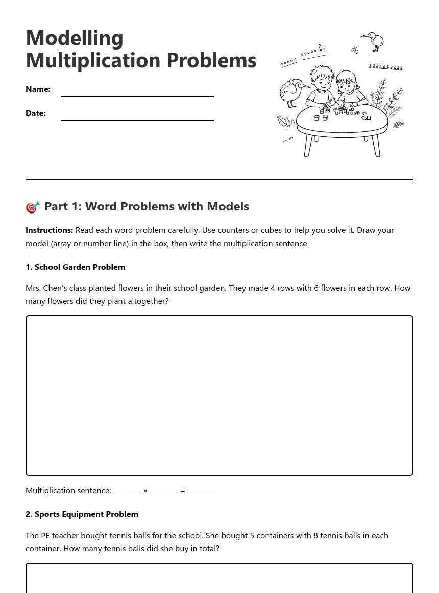 Multiplication Problem Templates Modeling Multiplication Problems — Free Printable Worksheet for Maths ...