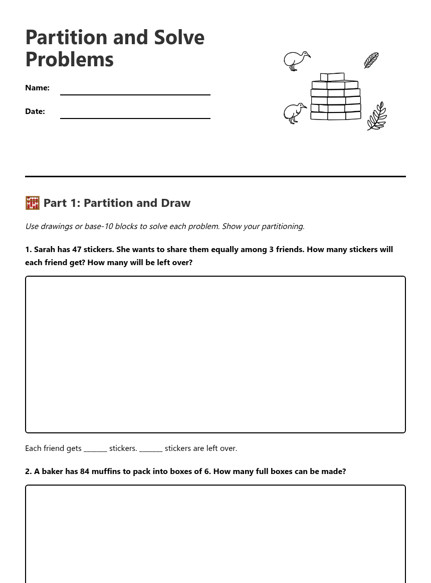 Partition and Solve Problems — Free Printable Worksheet for Maths ...