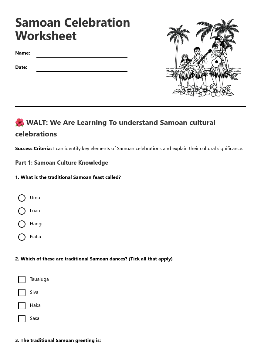 Samoan Celebration Worksheet — Free Printable Worksheet for Social ...