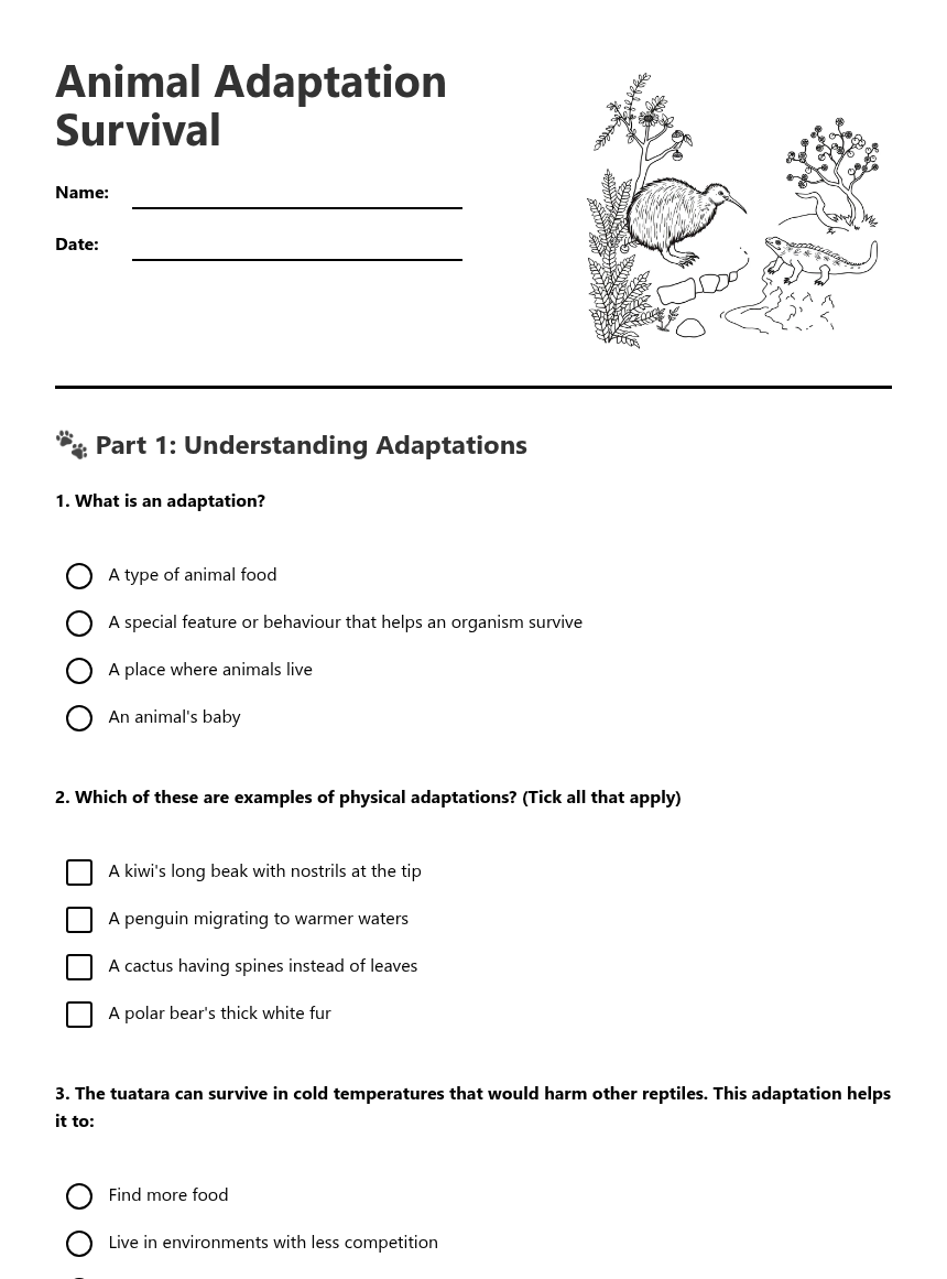 Animal Adaptation Survival — Free Printable Worksheet for Science ...