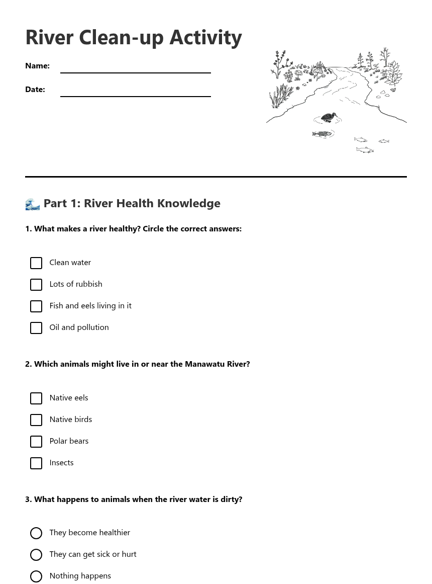 Community Clean Up Worksheet.pdf River Clean-up Activity — Free Printable Worksheet for Science | Kuraplan