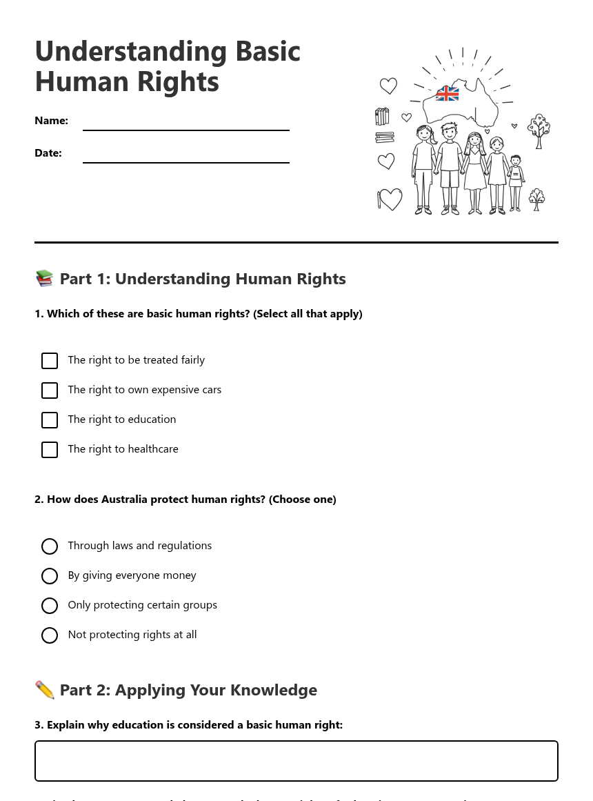 Basic Human Rights Worksheet Understanding Basic Human Rights — Free Printable Worksheet for ...