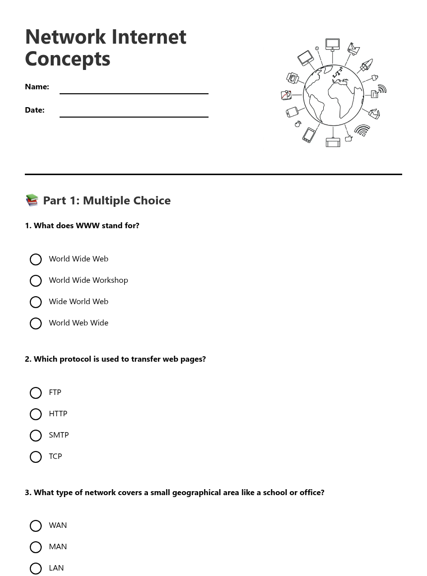 Network Internet Concepts — Free Printable Worksheet for Technology ...