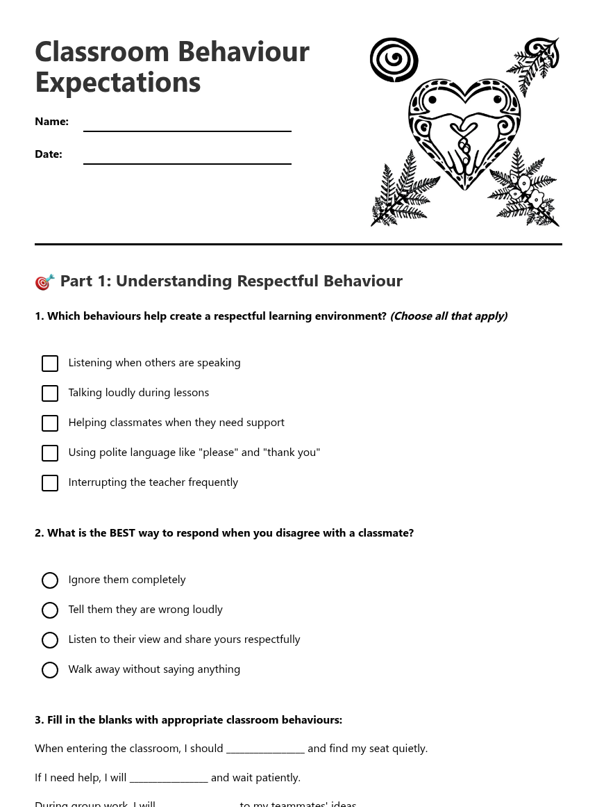 Classroom Behavior Expectations — Free Printable Worksheet for Health ...