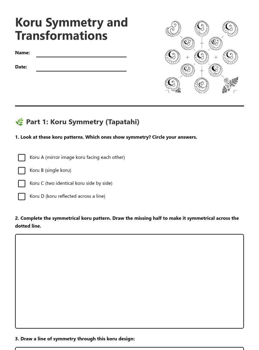Koru Symmetry and Transformations — Free Printable Worksheet for Maths ...