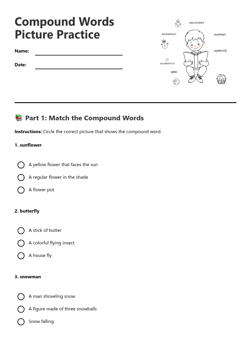 Compound Words Picture Practice — Free Printable Worksheet for English ...